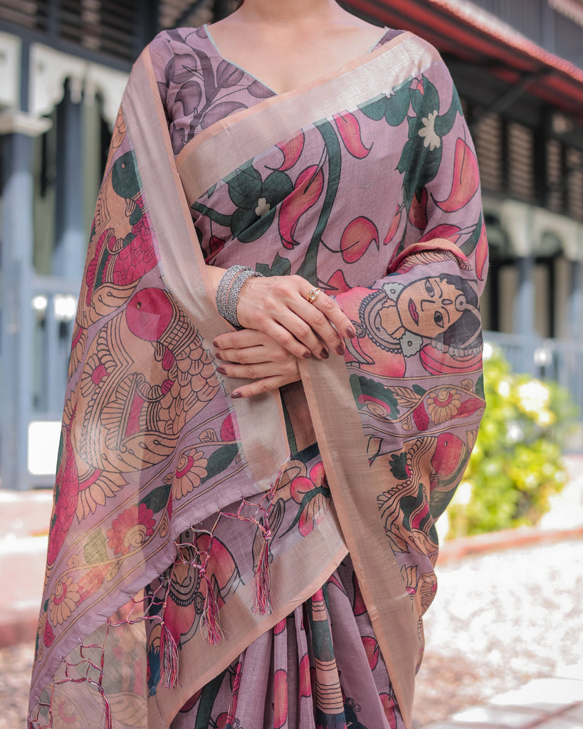 Pastel Peach Kalamkari Design Pure Cotton Linen Saree with Blouse and Tassels LINEN