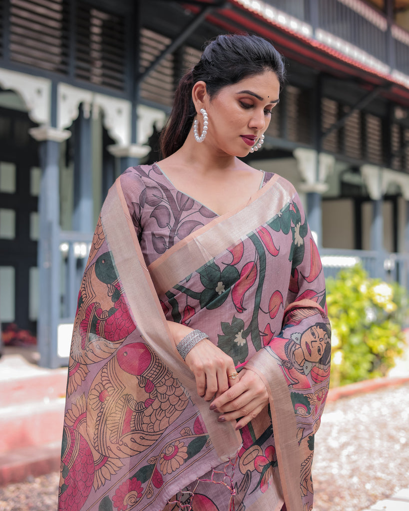 Pastel Peach Kalamkari Design Pure Cotton Linen Saree with Blouse and Tassels LINEN
