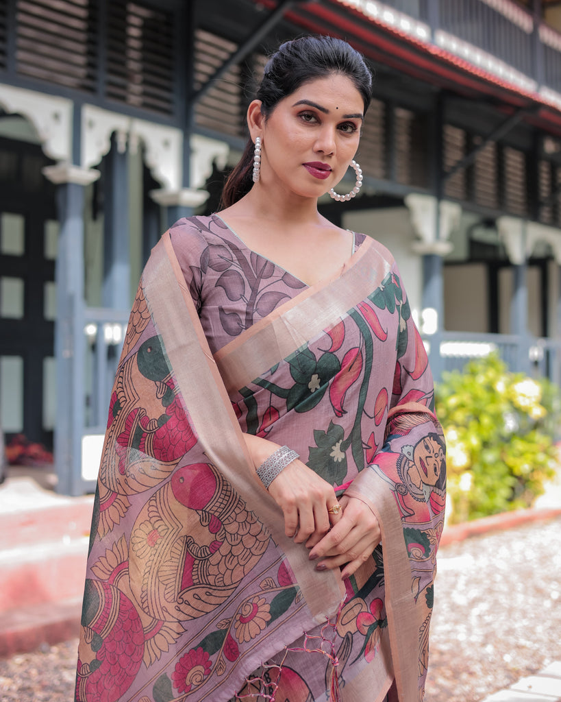Pastel Peach Kalamkari Design Pure Cotton Linen Saree with Blouse and Tassels LINEN