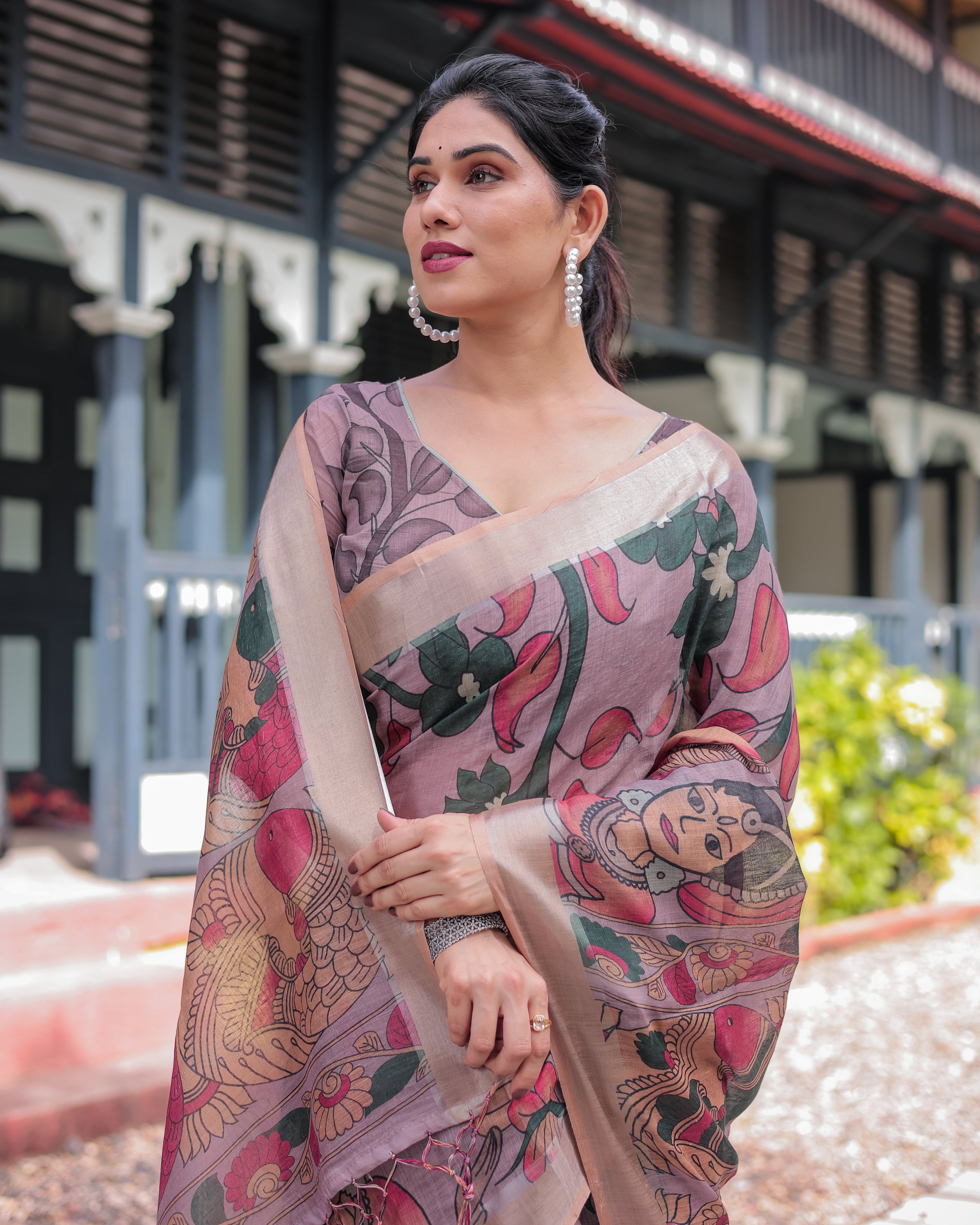Pastel Peach Kalamkari Design Pure Cotton Linen Saree with Blouse and Tassels LINEN