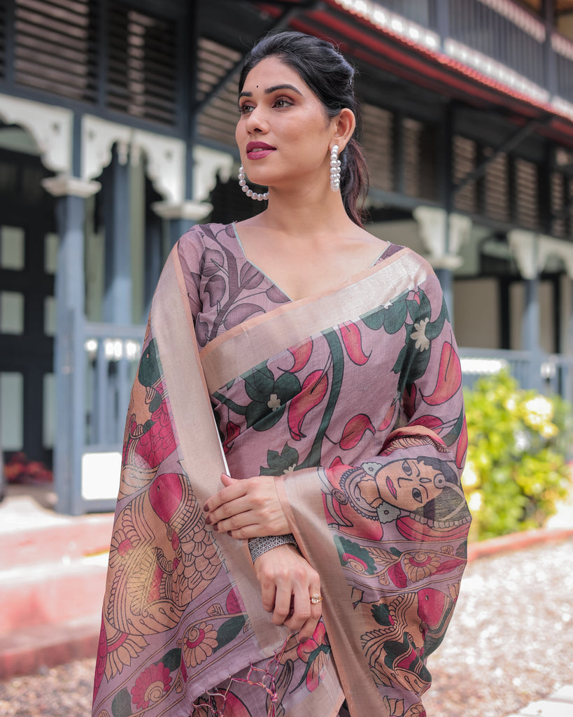Pastel Peach Kalamkari Design Pure Cotton Linen Saree with Blouse and Tassels LINEN