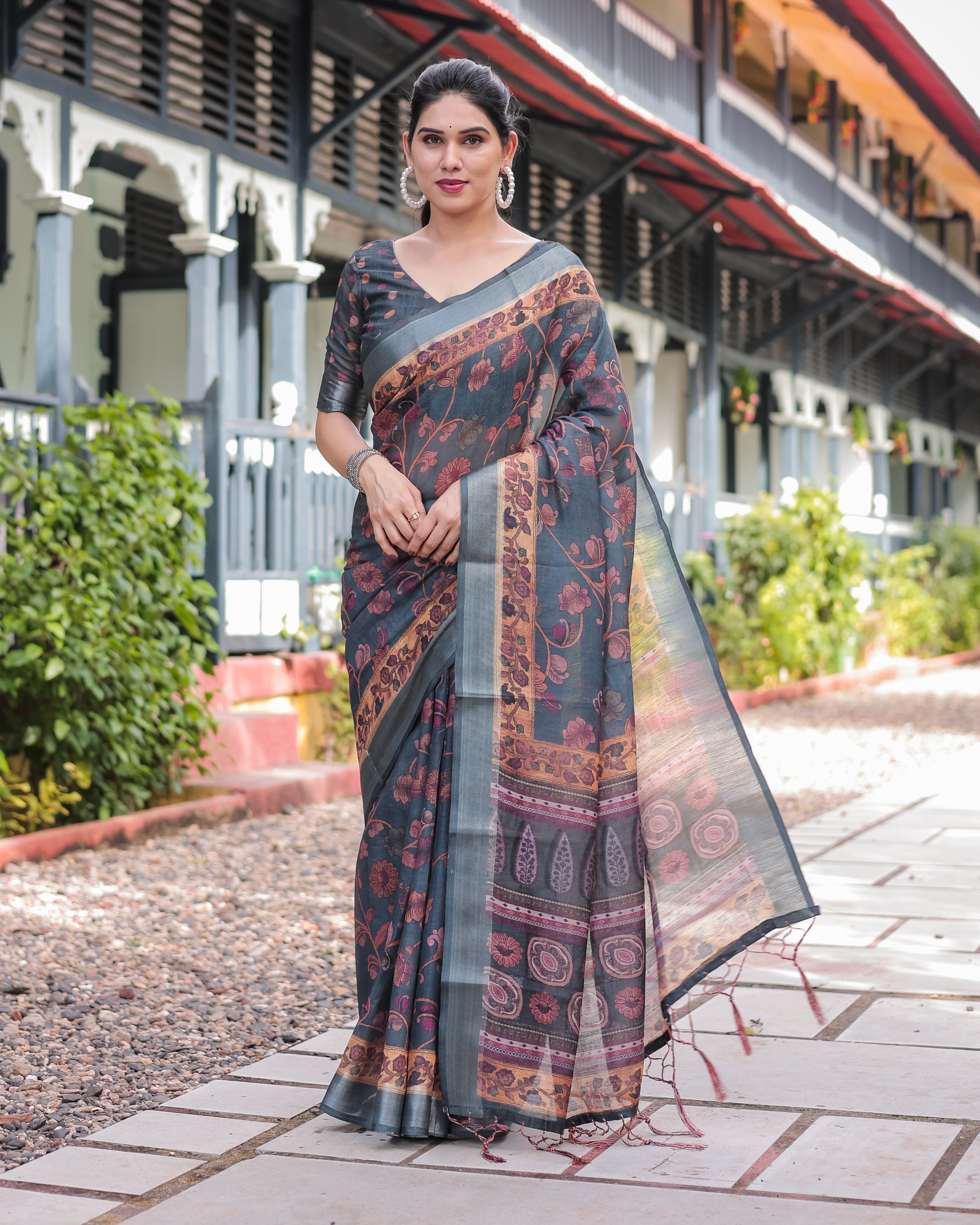 Charcoal Gray Floral Design Pure Cotton Linen Saree with Blouse and Tassels LINEN