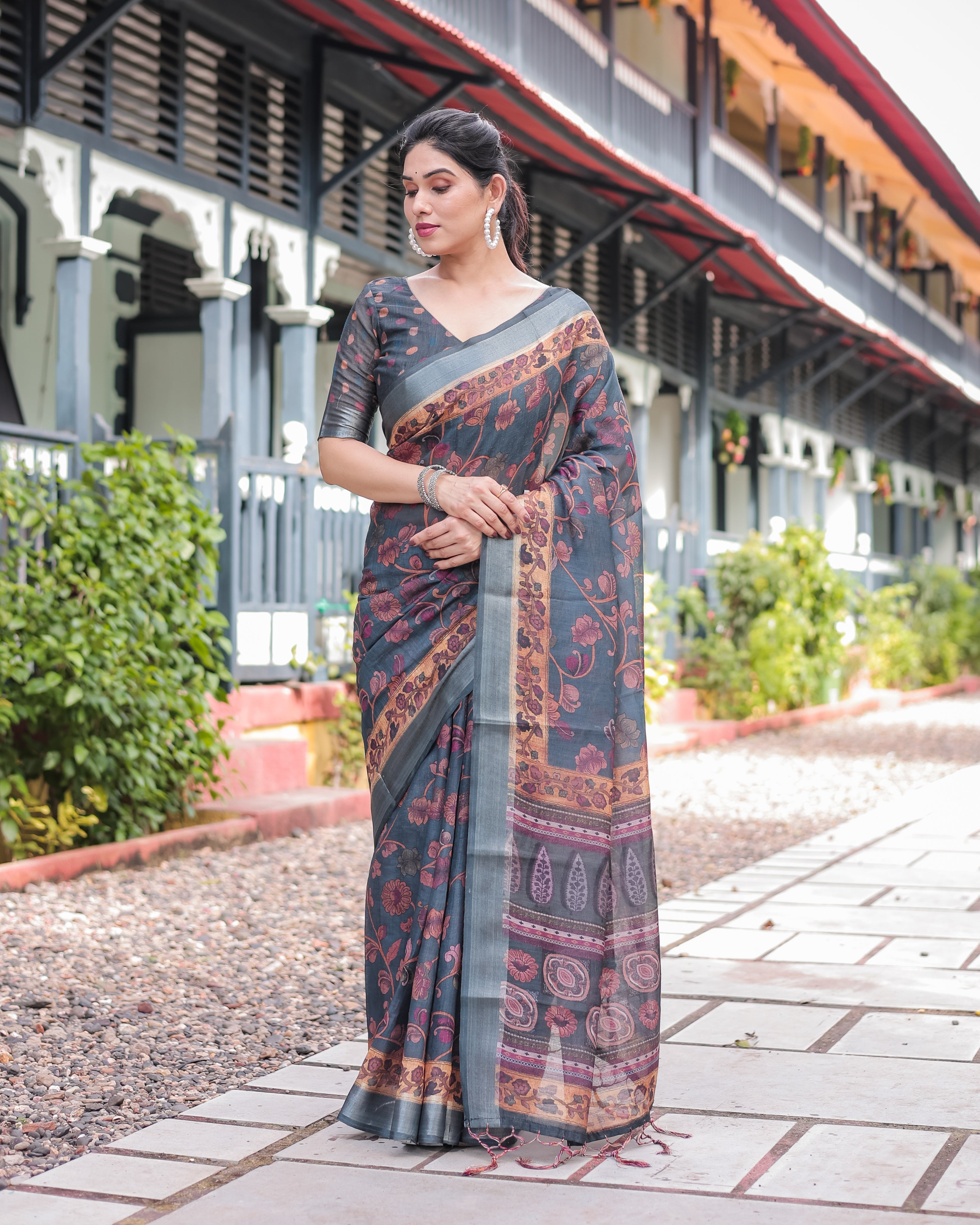 Charcoal Gray Floral Design Pure Cotton Linen Saree with Blouse and Tassels LINEN Main image