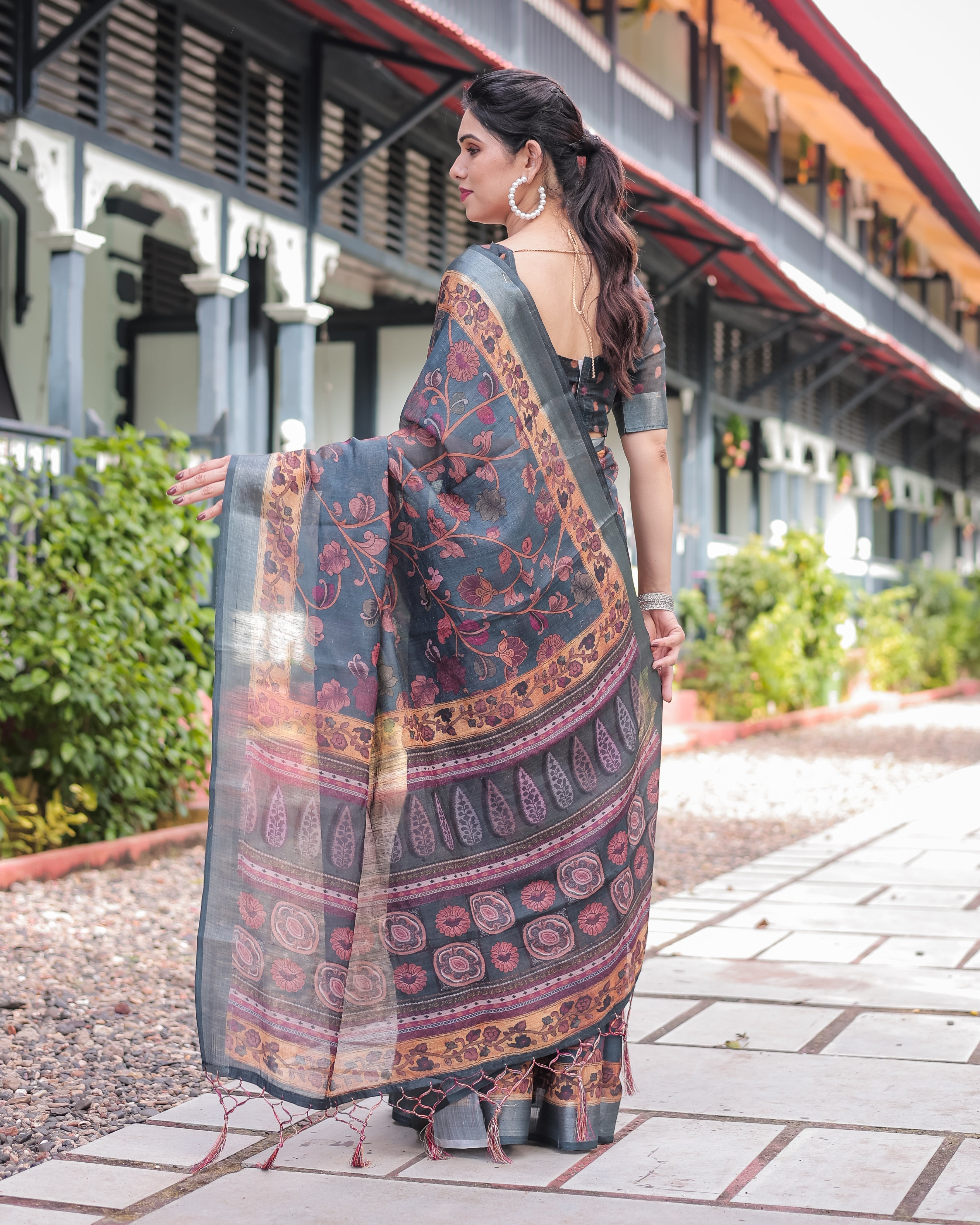 Charcoal Gray Floral Design Pure Cotton Linen Saree with Blouse and Tassels LINEN