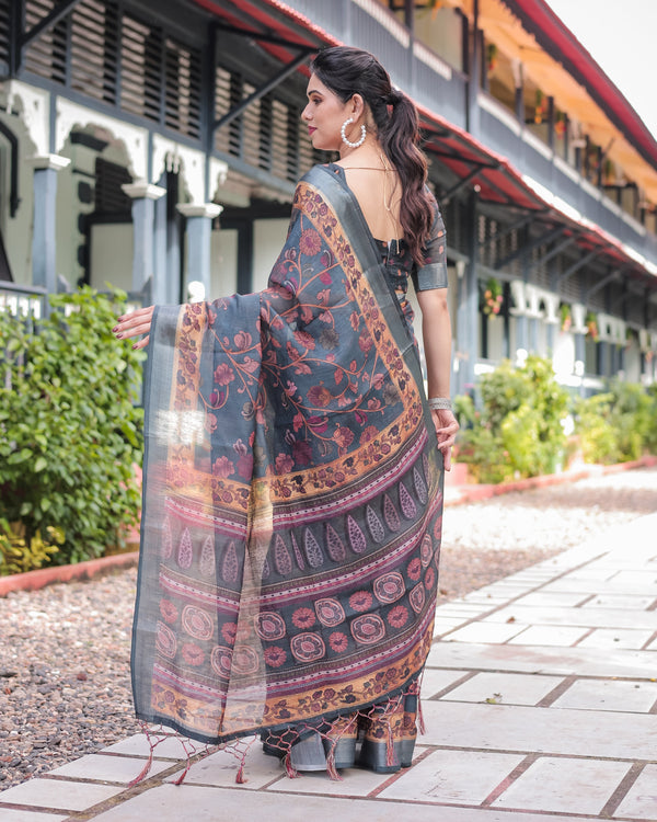 Charcoal Gray Floral Design Pure Cotton Linen Saree with Blouse and Tassels LINEN