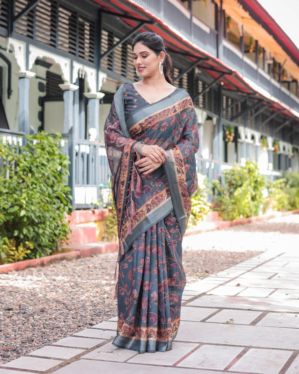 Charcoal Gray Floral Design Pure Cotton Linen Saree with Blouse and Tassels LINEN