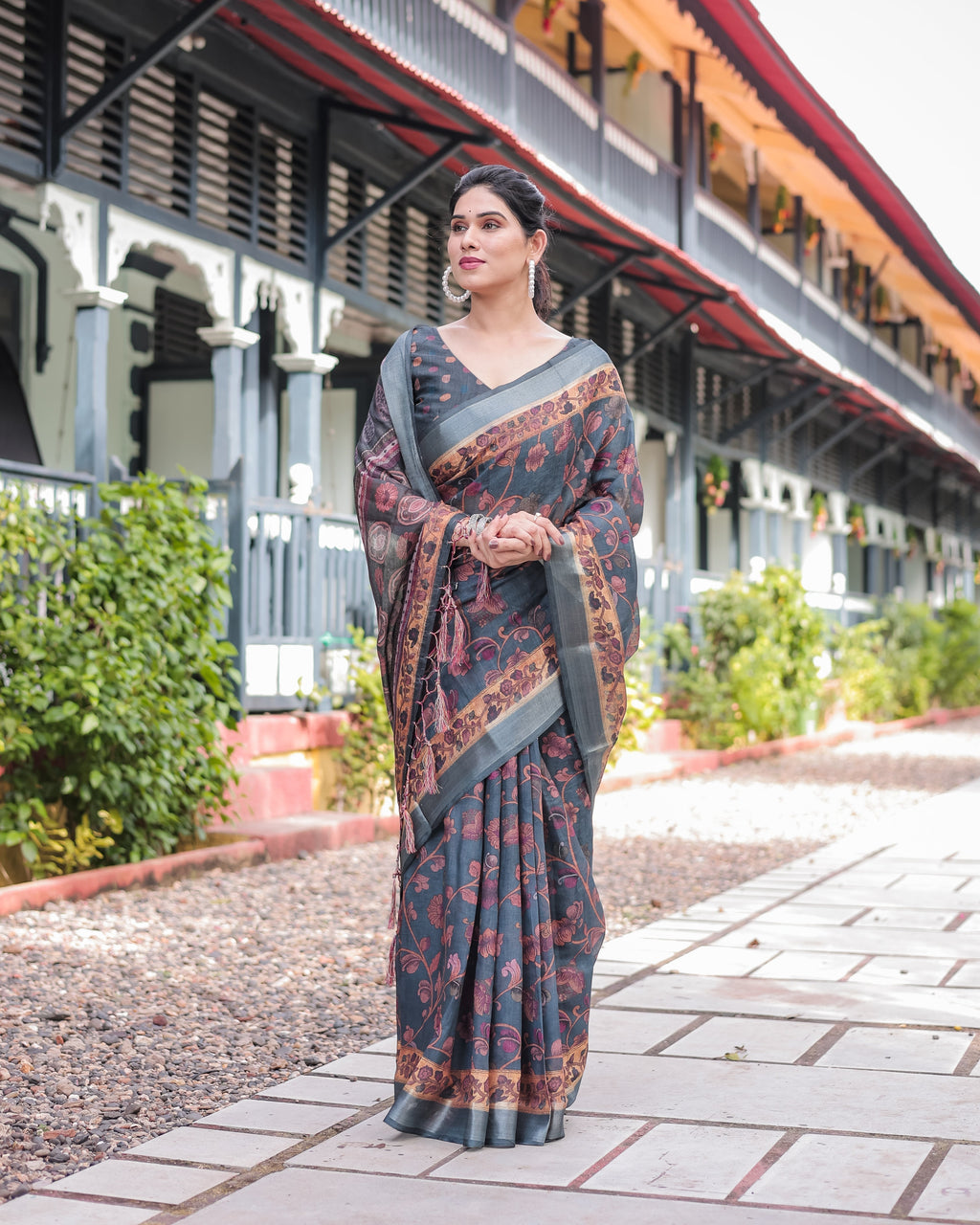 Charcoal Gray Floral Design Pure Cotton Linen Saree with Blouse and Tassels LINEN