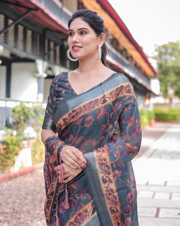 Charcoal Gray Floral Design Pure Cotton Linen Saree with Blouse and Tassels LINEN