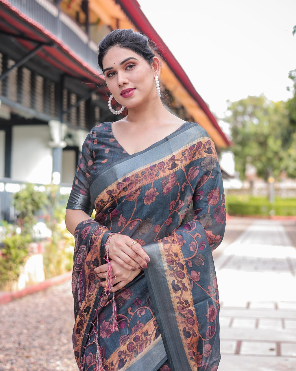 Charcoal Gray Floral Design Pure Cotton Linen Saree with Blouse and Tassels LINEN