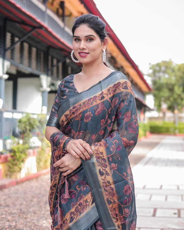 Charcoal Gray Floral Design Pure Cotton Linen Saree with Blouse and Tassels LINEN