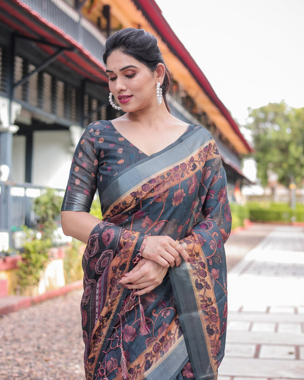 Charcoal Gray Floral Design Pure Cotton Linen Saree with Blouse and Tassels LINEN