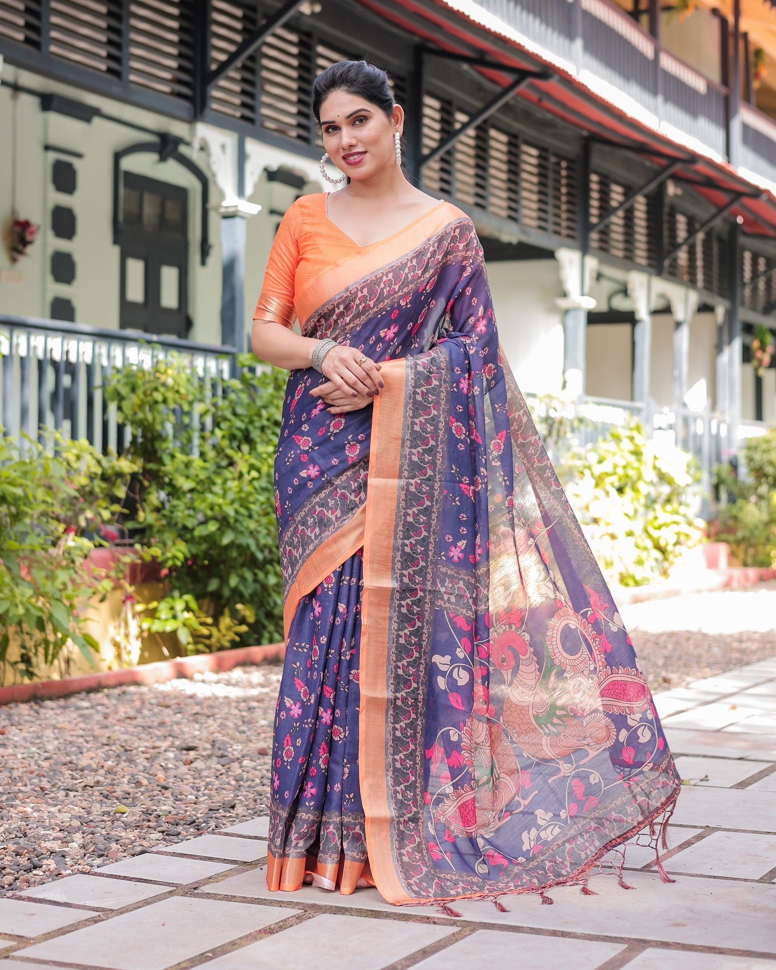 Indigo Blue Floral Print Pure Cotton Linen Saree with Orange Border and Tassels LINEN