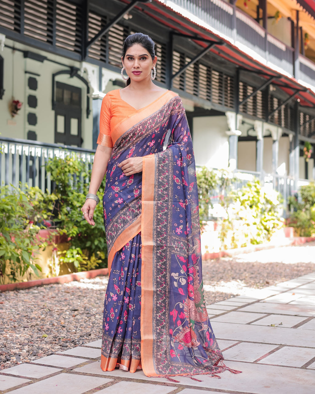 Indigo Blue Floral Print Pure Cotton Linen Saree with Orange Border and Tassels LINEN