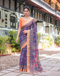 Load image into Gallery viewer, Indigo Blue Floral Print Pure Cotton Linen Saree with Orange Border and Tassels LINEN