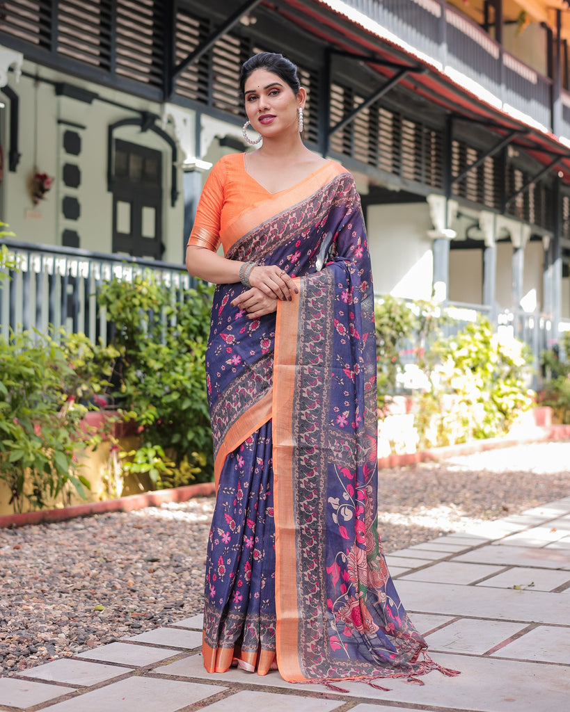 Indigo Blue Floral Print Pure Cotton Linen Saree with Orange Border and Tassels LINEN
