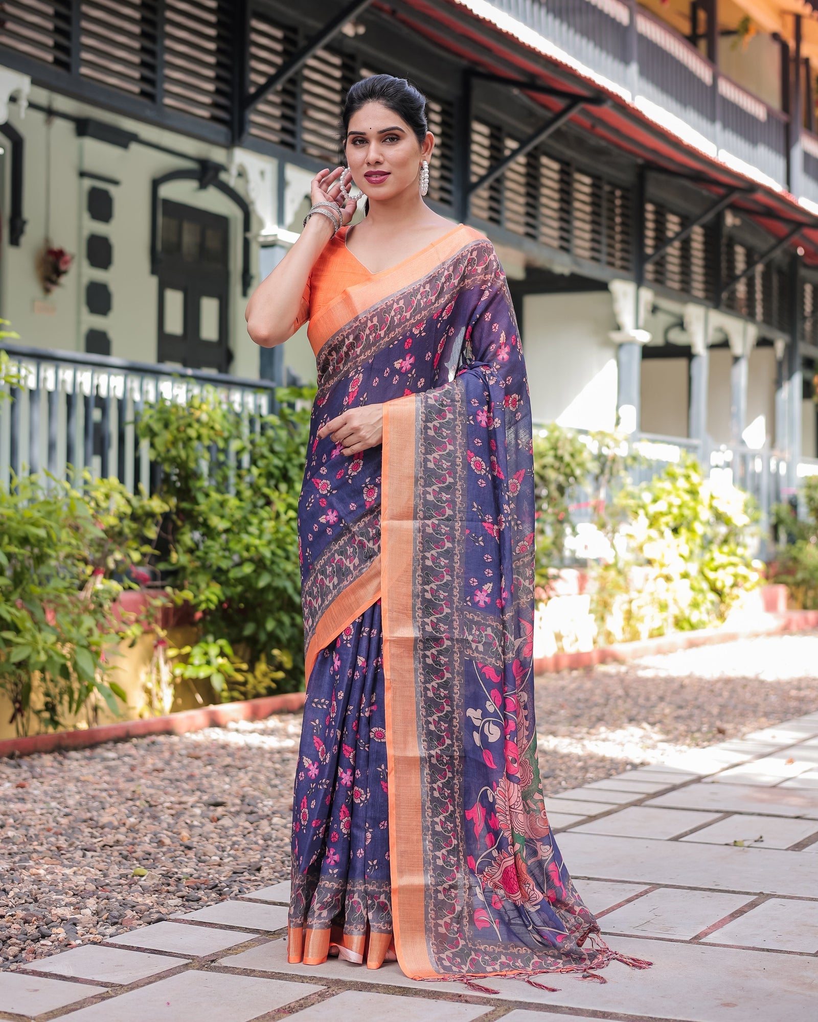 Indigo Blue Floral Print Pure Cotton Linen Saree with Orange Border and Tassels LINEN