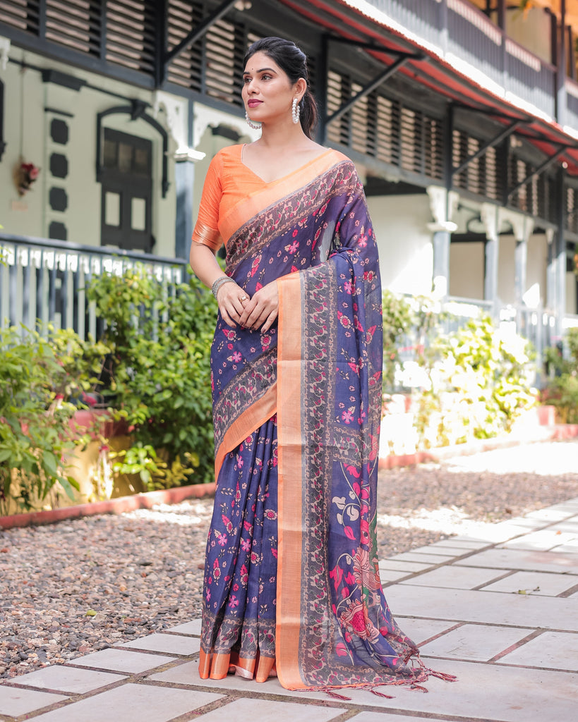 Indigo Blue Floral Print Pure Cotton Linen Saree with Orange Border and Tassels LINEN