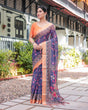 Load image into Gallery viewer, Indigo Blue Floral Print Pure Cotton Linen Saree with Orange Border and Tassels LINEN