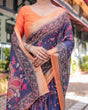 Load image into Gallery viewer, Indigo Blue Floral Print Pure Cotton Linen Saree with Orange Border and Tassels LINEN