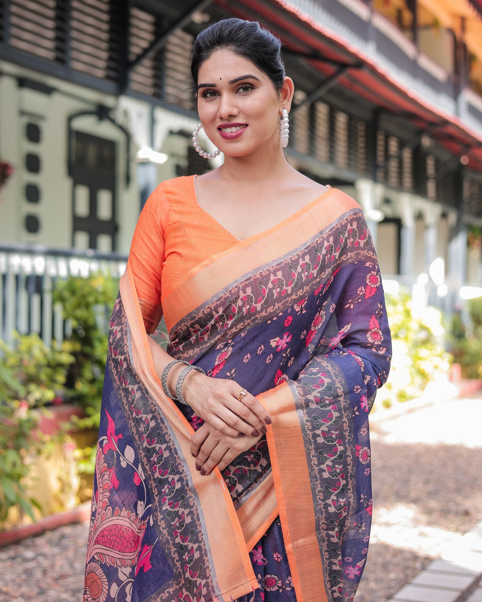Indigo Blue Floral Print Pure Cotton Linen Saree with Orange Border and Tassels LINEN