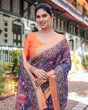Load image into Gallery viewer, Indigo Blue Floral Print Pure Cotton Linen Saree with Orange Border and Tassels LINEN