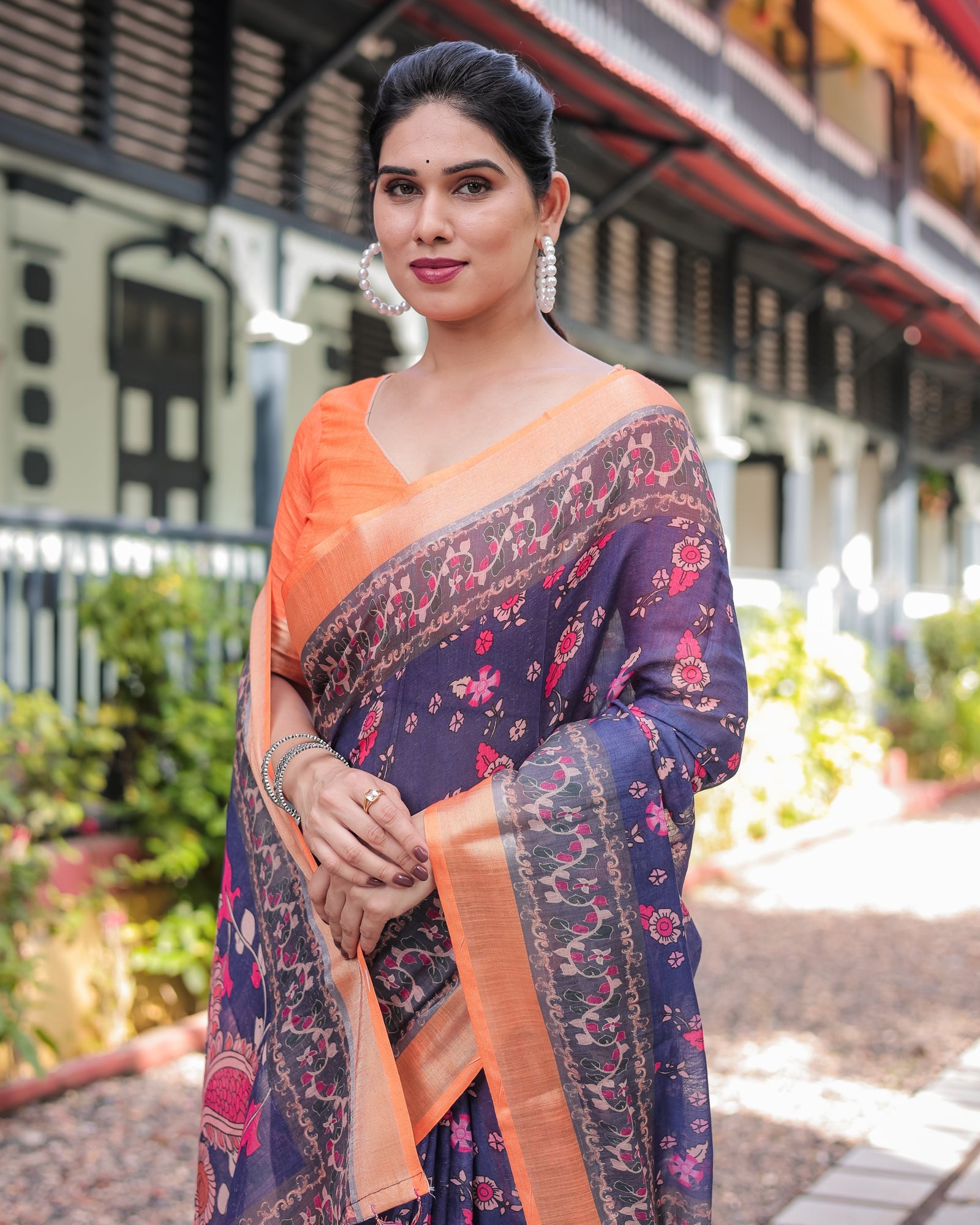 Indigo Blue Floral Print Pure Cotton Linen Saree with Orange Border and Tassels LINEN