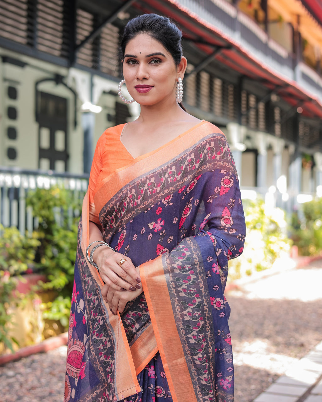 Indigo Blue Floral Print Pure Cotton Linen Saree with Orange Border and Tassels LINEN