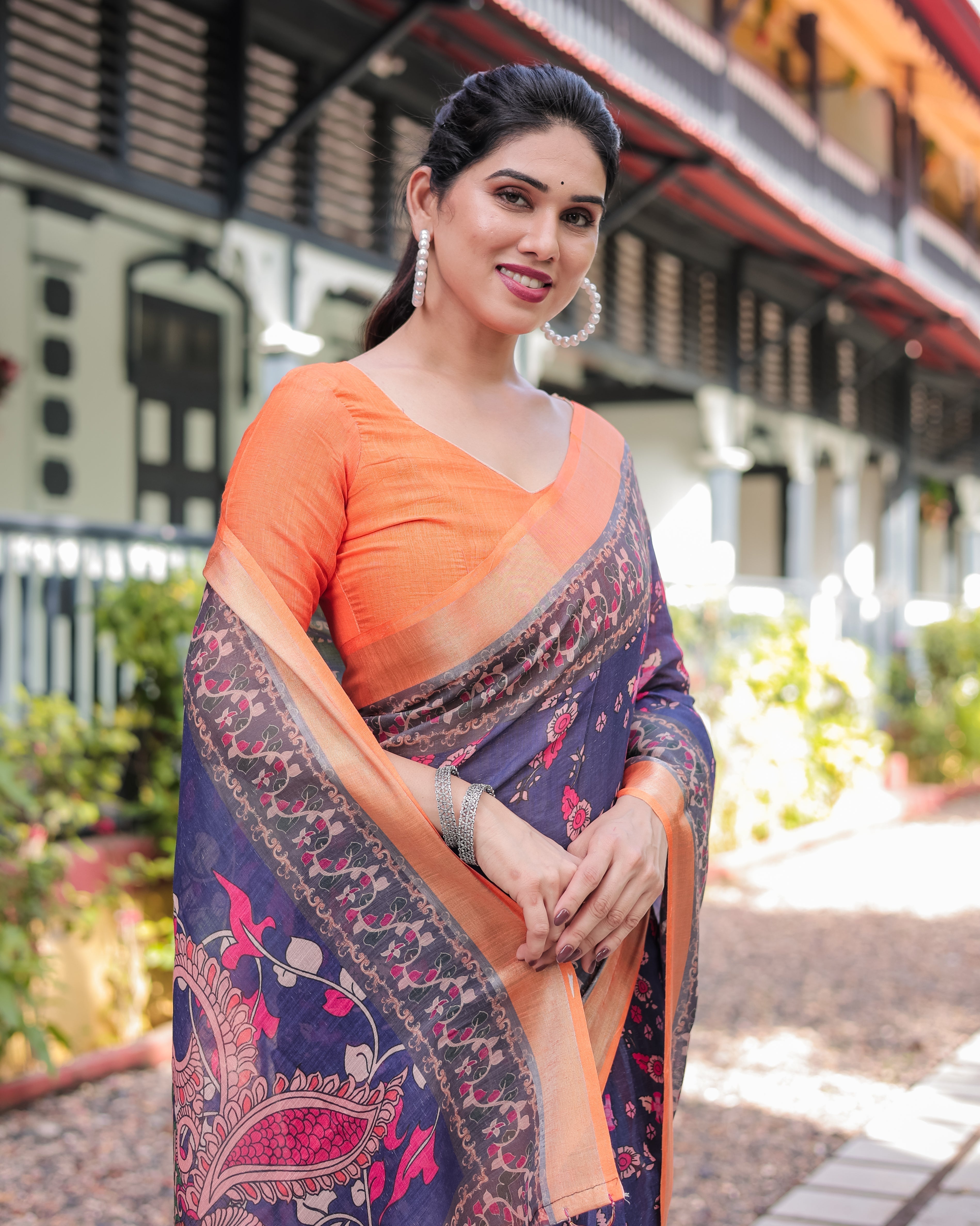 Indigo Blue Floral Print Pure Cotton Linen Saree with Orange Border and Tassels LINEN