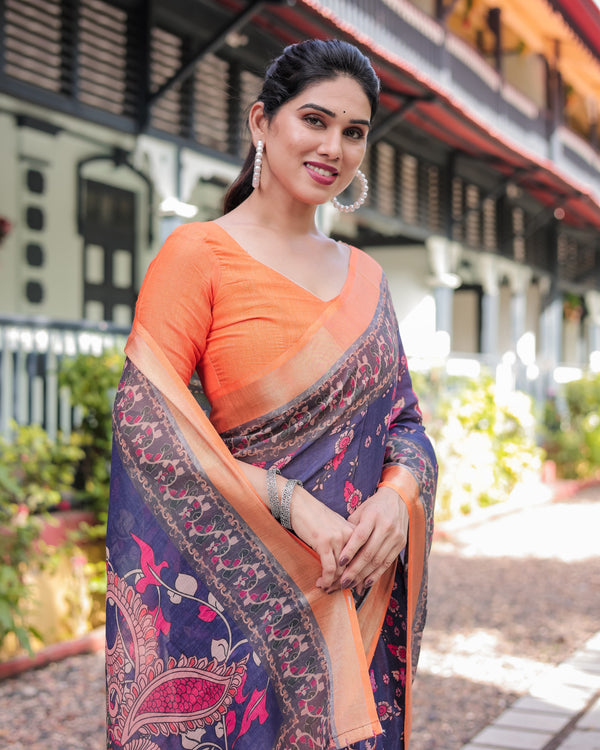 Indigo Blue Floral Print Pure Cotton Linen Saree with Orange Border and Tassels LINEN