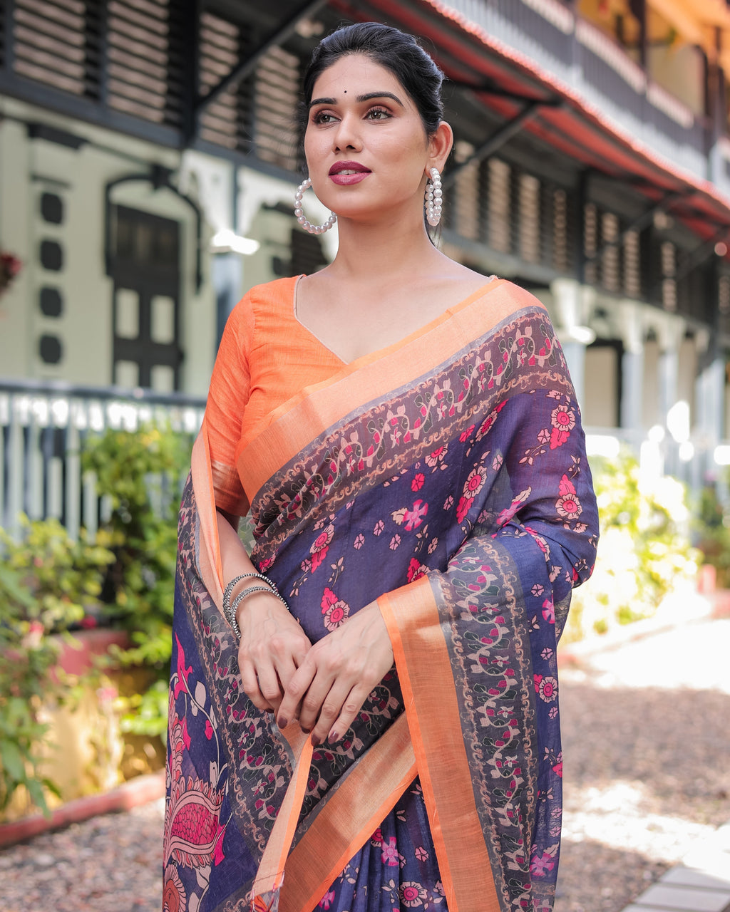 Indigo Blue Floral Print Pure Cotton Linen Saree with Orange Border and Tassels LINEN