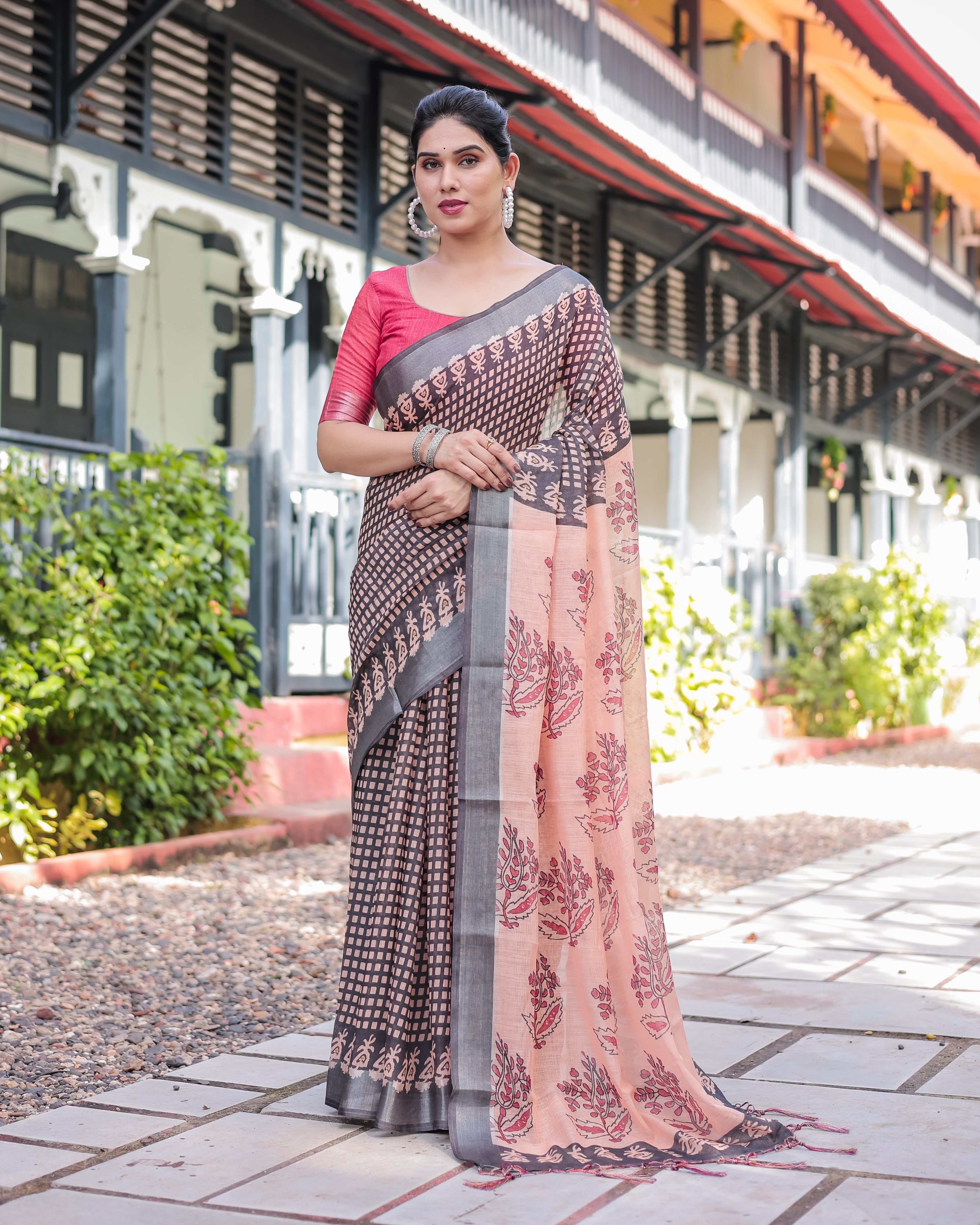 Peach and Black Floral and Geometric Design Pure Cotton Linen Saree with Blouse and Tassels LINEN