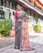 Load image into Gallery viewer, Peach and Black Floral and Geometric Design Pure Cotton Linen Saree with Blouse and Tassels LINEN