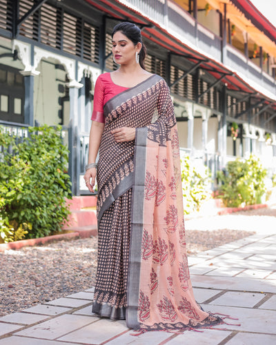 Peach and Black Floral and Geometric Design Pure Cotton Linen Saree with Blouse and Tassels LINEN