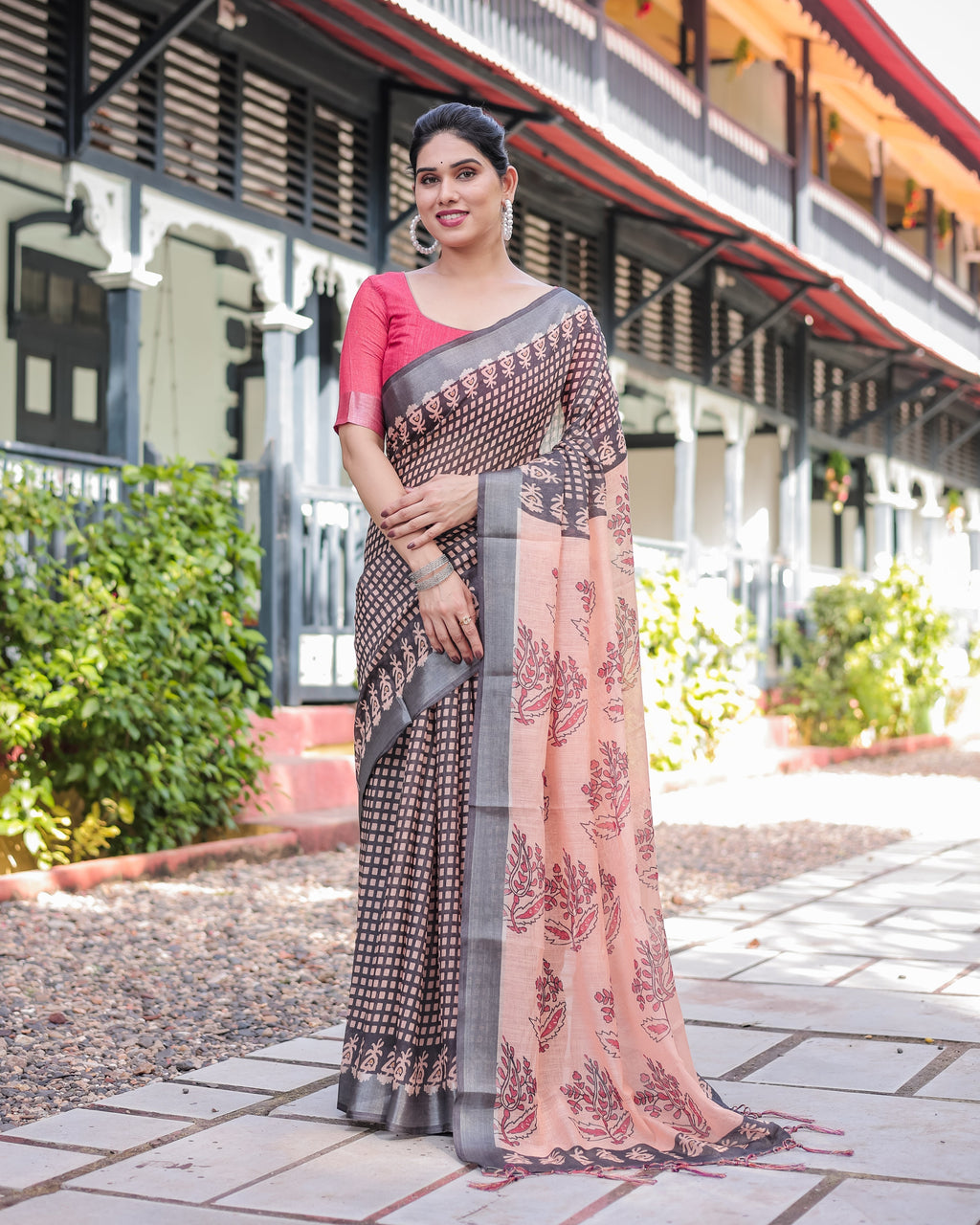 Peach and Black Floral and Geometric Design Pure Cotton Linen Saree with Blouse and Tassels LINEN
