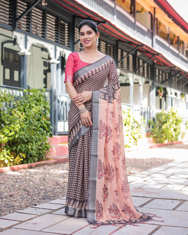 Peach and Black Floral and Geometric Design Pure Cotton Linen Saree with Blouse and Tassels LINEN