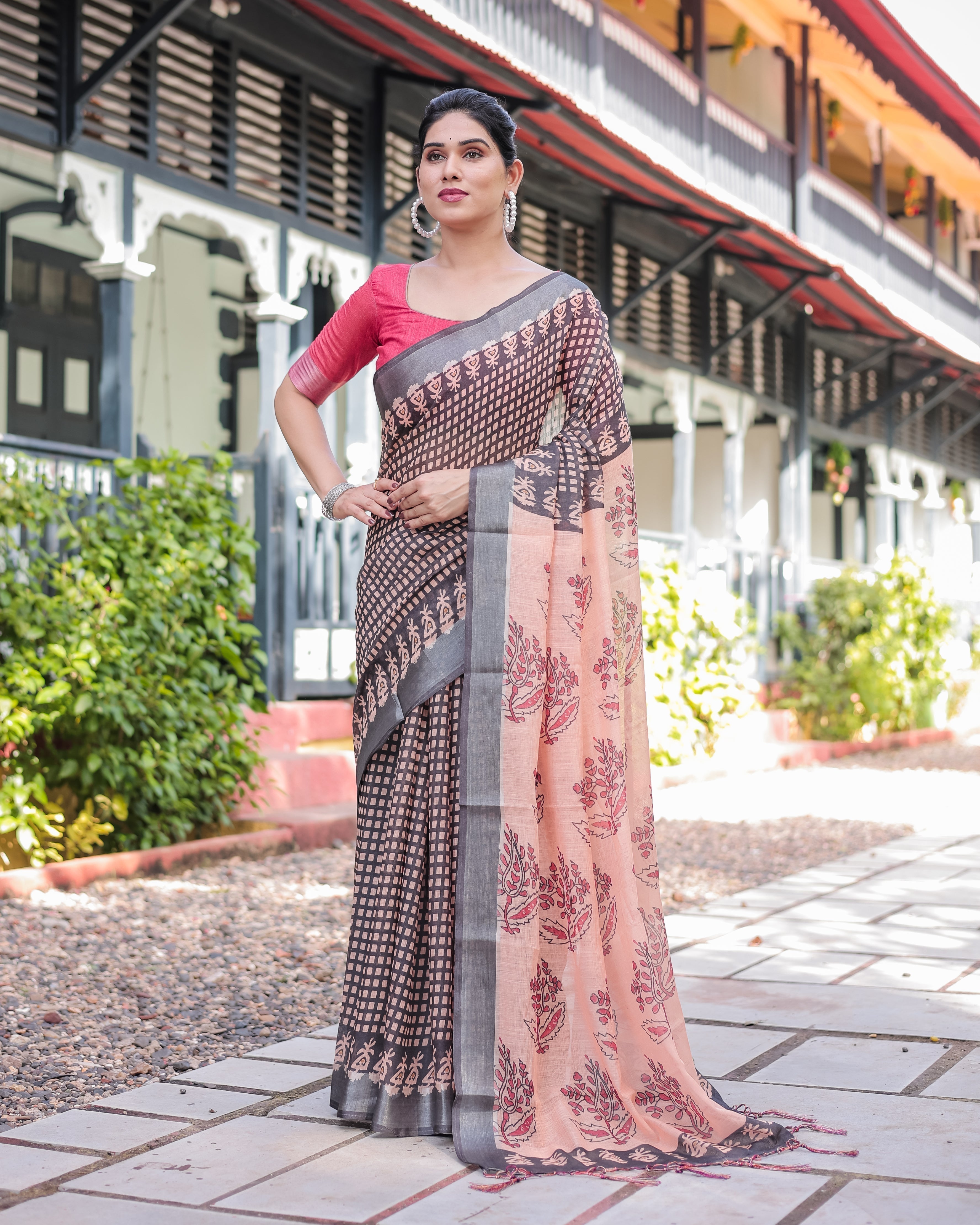 Peach and Black Floral and Geometric Design Pure Cotton Linen Saree with Blouse and Tassels LINEN