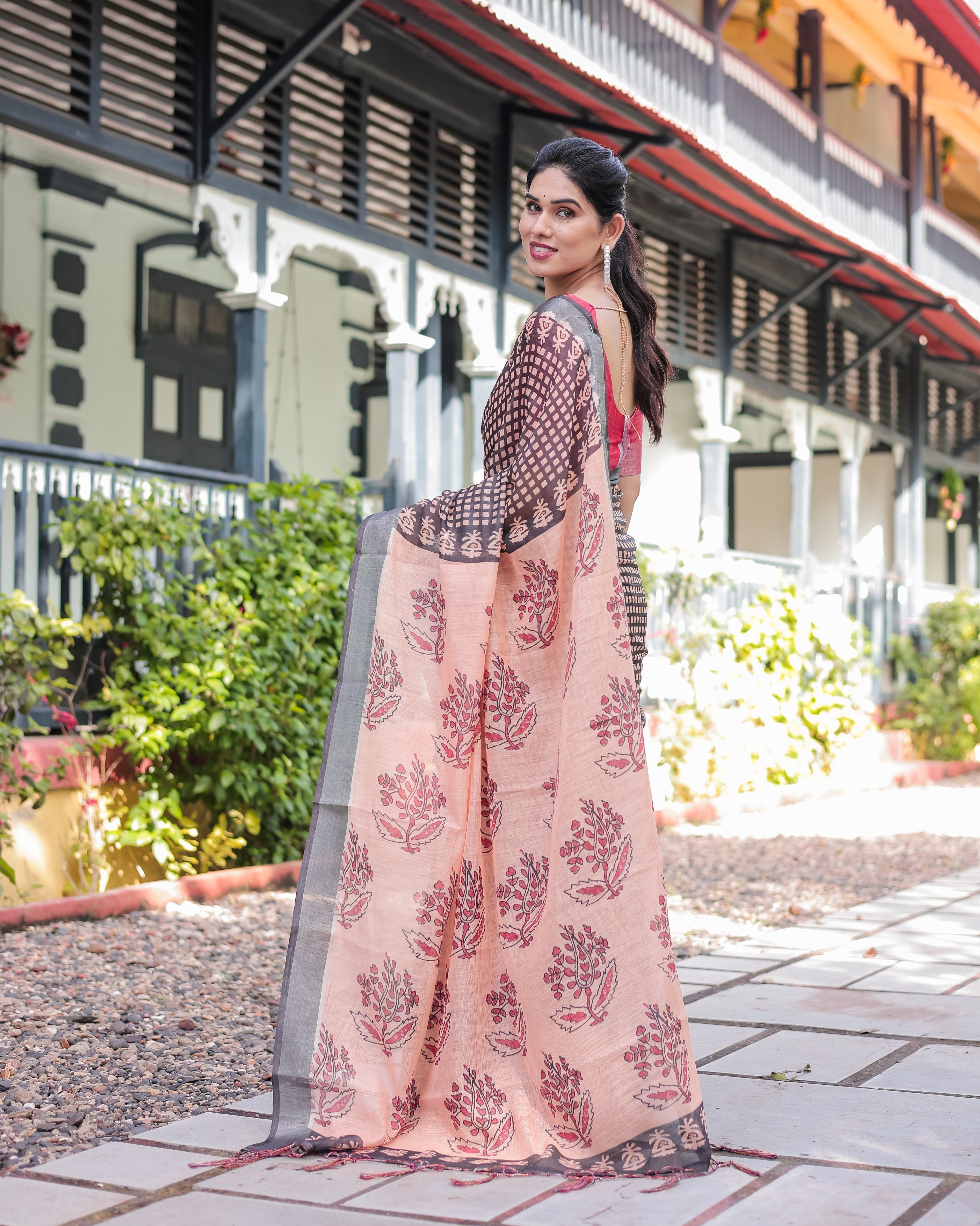 Peach and Black Floral and Geometric Design Pure Cotton Linen Saree with Blouse and Tassels LINEN