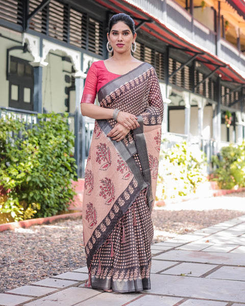 Peach and Black Floral and Geometric Design Pure Cotton Linen Saree with Blouse and Tassels LINEN Main image