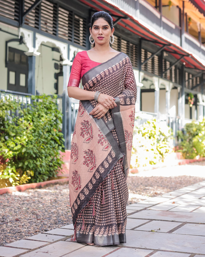 Peach and Black Floral and Geometric Design Pure Cotton Linen Saree with Blouse and Tassels LINEN