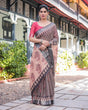Load image into Gallery viewer, Peach and Black Floral and Geometric Design Pure Cotton Linen Saree with Blouse and Tassels LINEN
