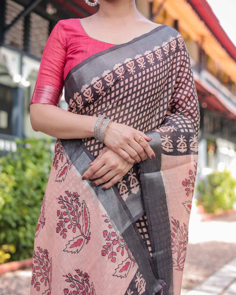 Peach and Black Floral and Geometric Design Pure Cotton Linen Saree with Blouse and Tassels LINEN