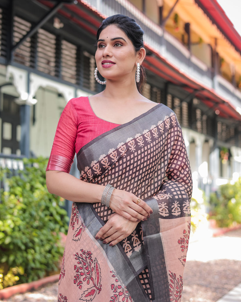 Peach and Black Floral and Geometric Design Pure Cotton Linen Saree with Blouse and Tassels LINEN