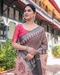 Load image into Gallery viewer, Peach and Black Floral and Geometric Design Pure Cotton Linen Saree with Blouse and Tassels LINEN