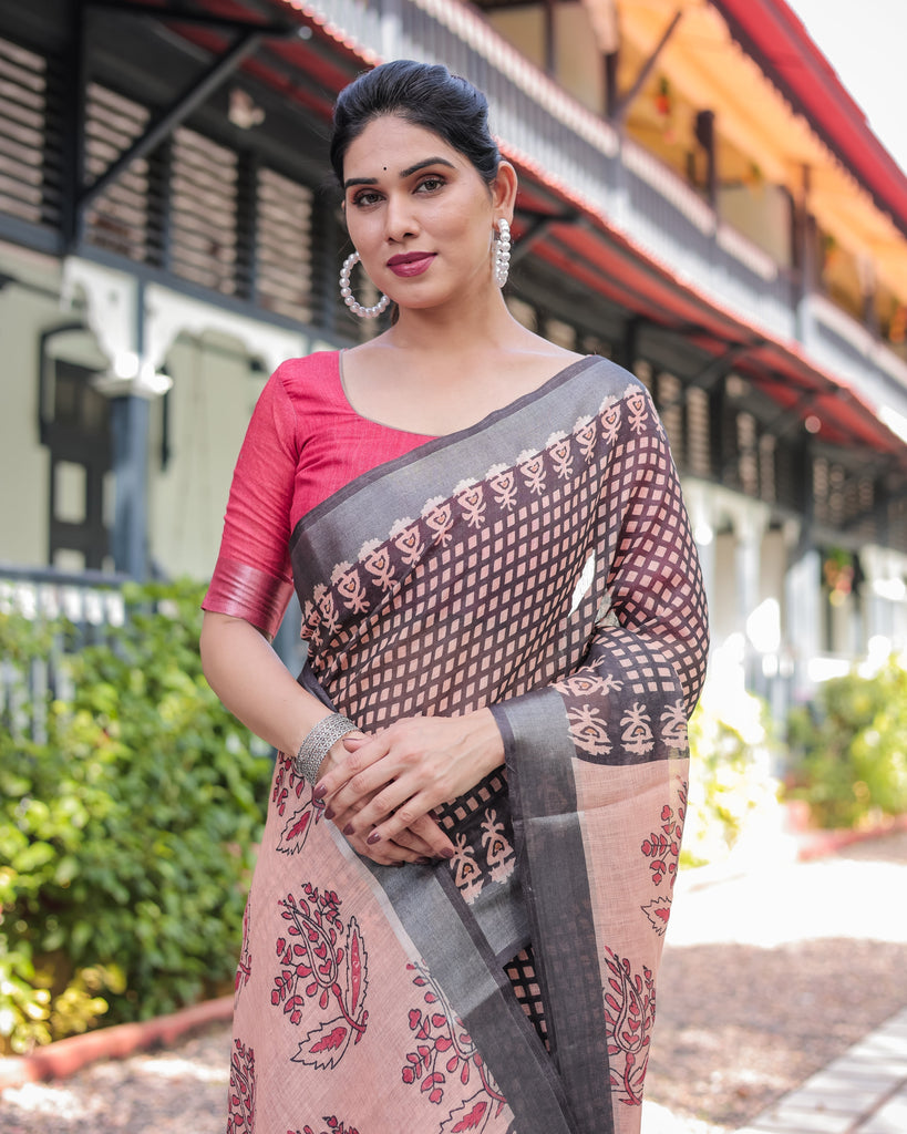 Peach and Black Floral and Geometric Design Pure Cotton Linen Saree with Blouse and Tassels LINEN