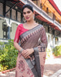 Load image into Gallery viewer, Peach and Black Floral and Geometric Design Pure Cotton Linen Saree with Blouse and Tassels LINEN