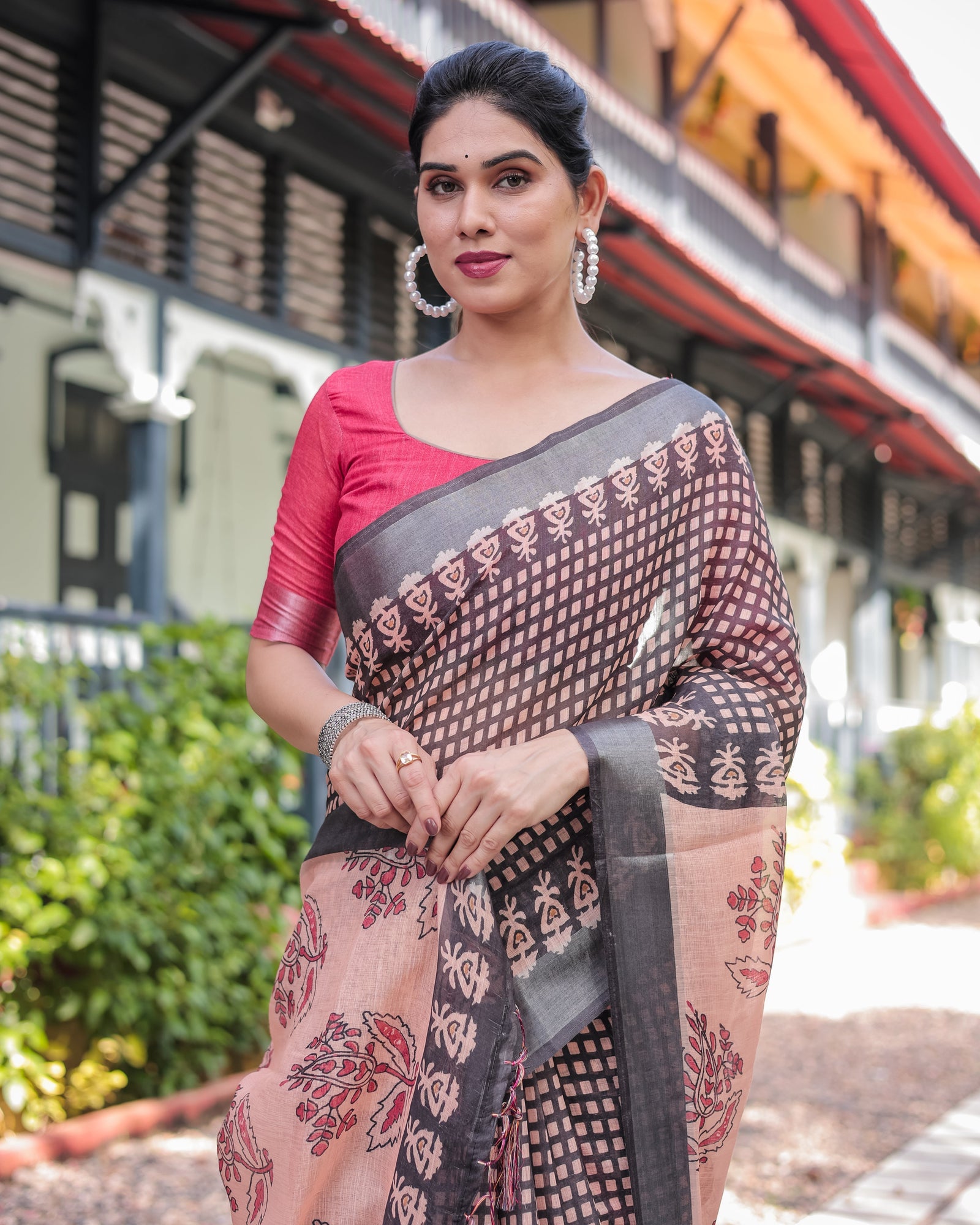 Peach and Black Floral and Geometric Design Pure Cotton Linen Saree with Blouse and Tassels LINEN