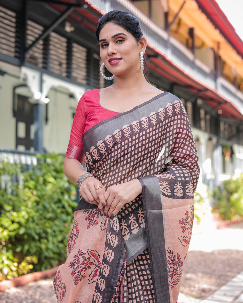 Peach and Black Floral and Geometric Design Pure Cotton Linen Saree with Blouse and Tassels LINEN