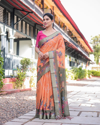 Orange and Olive Green Kalamkari Design Pure Cotton Linen Saree with Blouse and Tassels LINEN