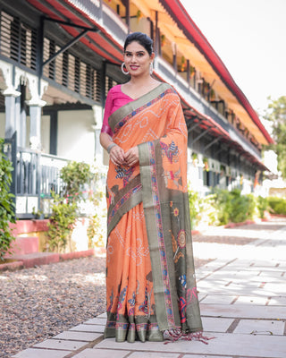 Orange and Olive Green Kalamkari Design Pure Cotton Linen Saree with Blouse and Tassels LINEN