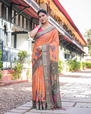 Orange and Olive Green Kalamkari Design Pure Cotton Linen Saree with Blouse and Tassels LINEN
